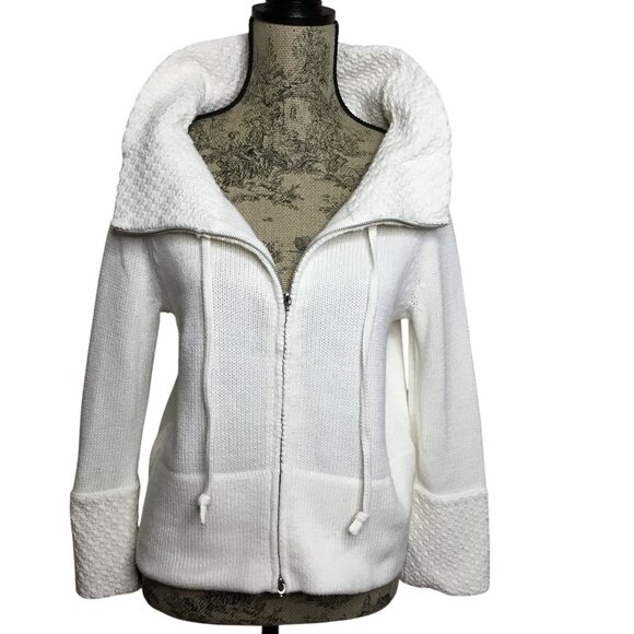 WHBM White Textured Knit Zip Sweater M Quiet Luxury Cozy Capsule Neutral Chic - Picture 1 of 7